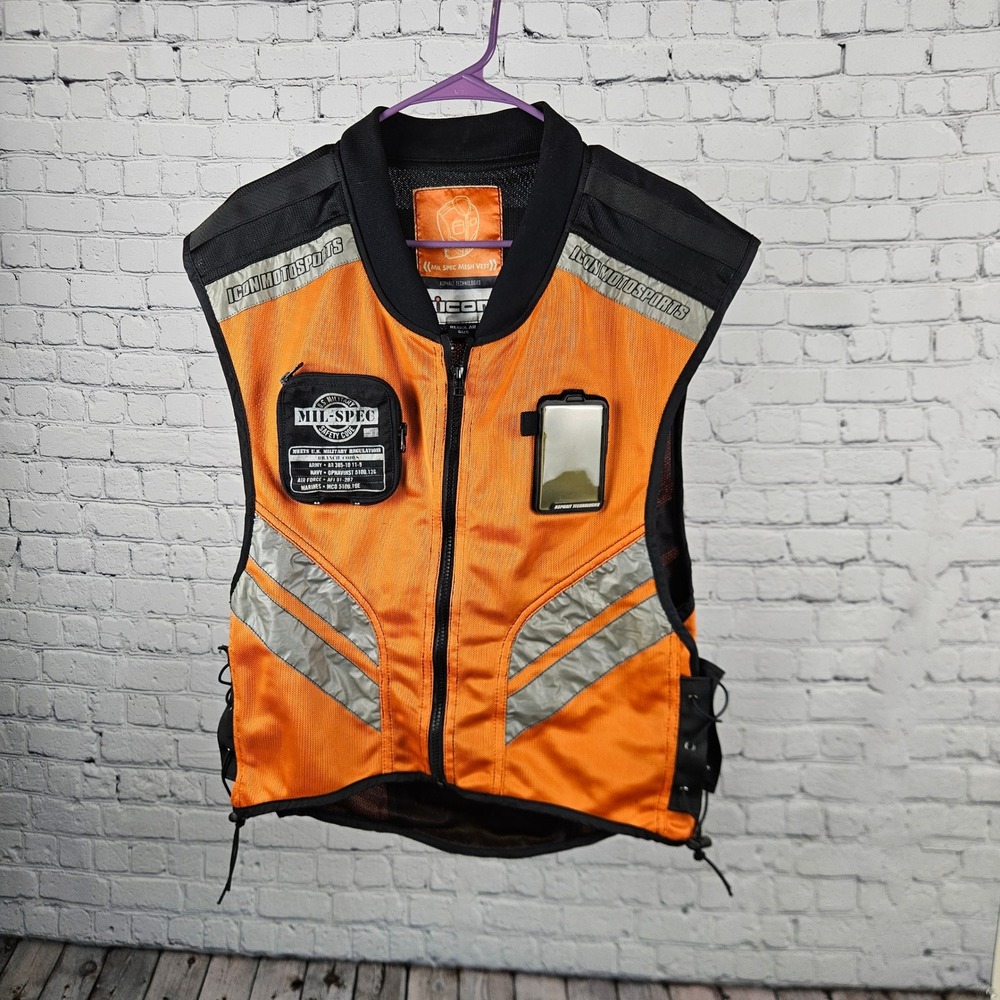Icon Mil-Spec Mesh Motorcycle Safety Vest Orange Reflective Regular Size